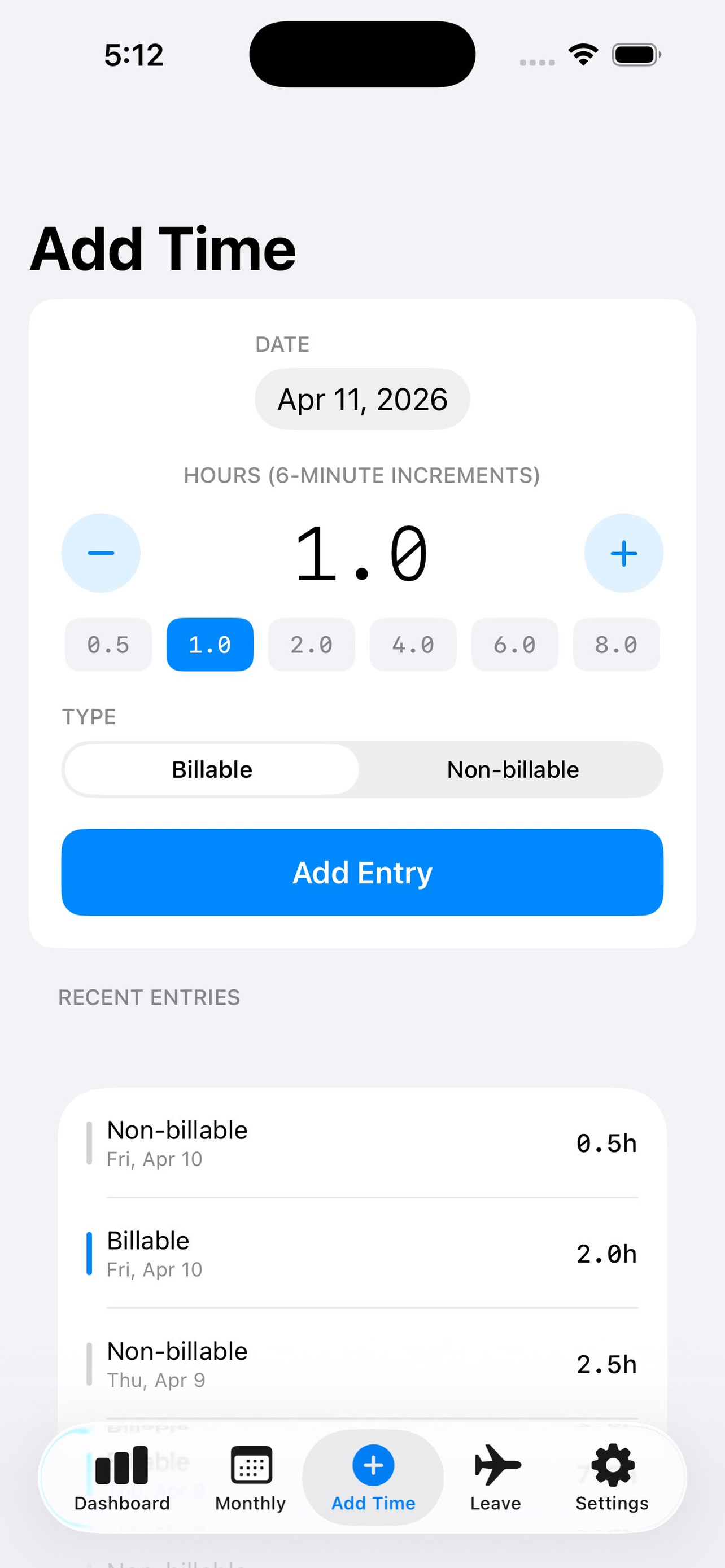 Log billable or non-billable hours in 6-minute increments